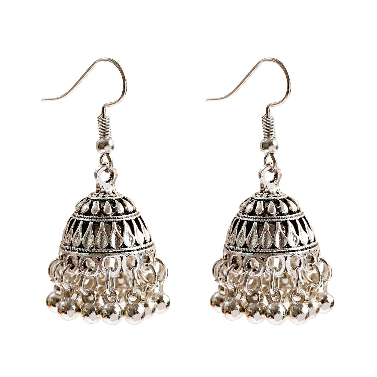 Indian Women's Silver Color Beads Tassel Jhumka Earrings