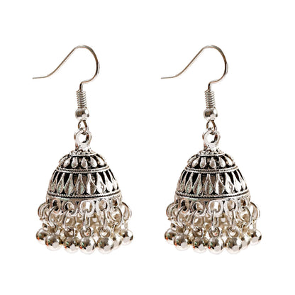 Indian Women's Silver Color Beads Tassel Jhumka Earrings