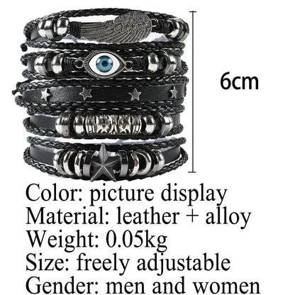 5pcs Evil Eye Wing Star Diy Braided Punk Style Bracelet Set, Featuring Pu Leather And Beads