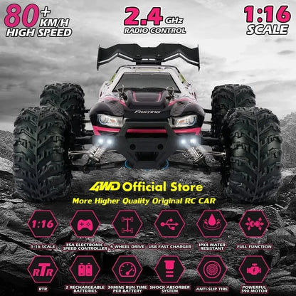 1:16 80km/h Brushless RC Drift Car With LED Lights 4WD Electric High Speed Racing Remote Control Monster Truck for Kids Adults