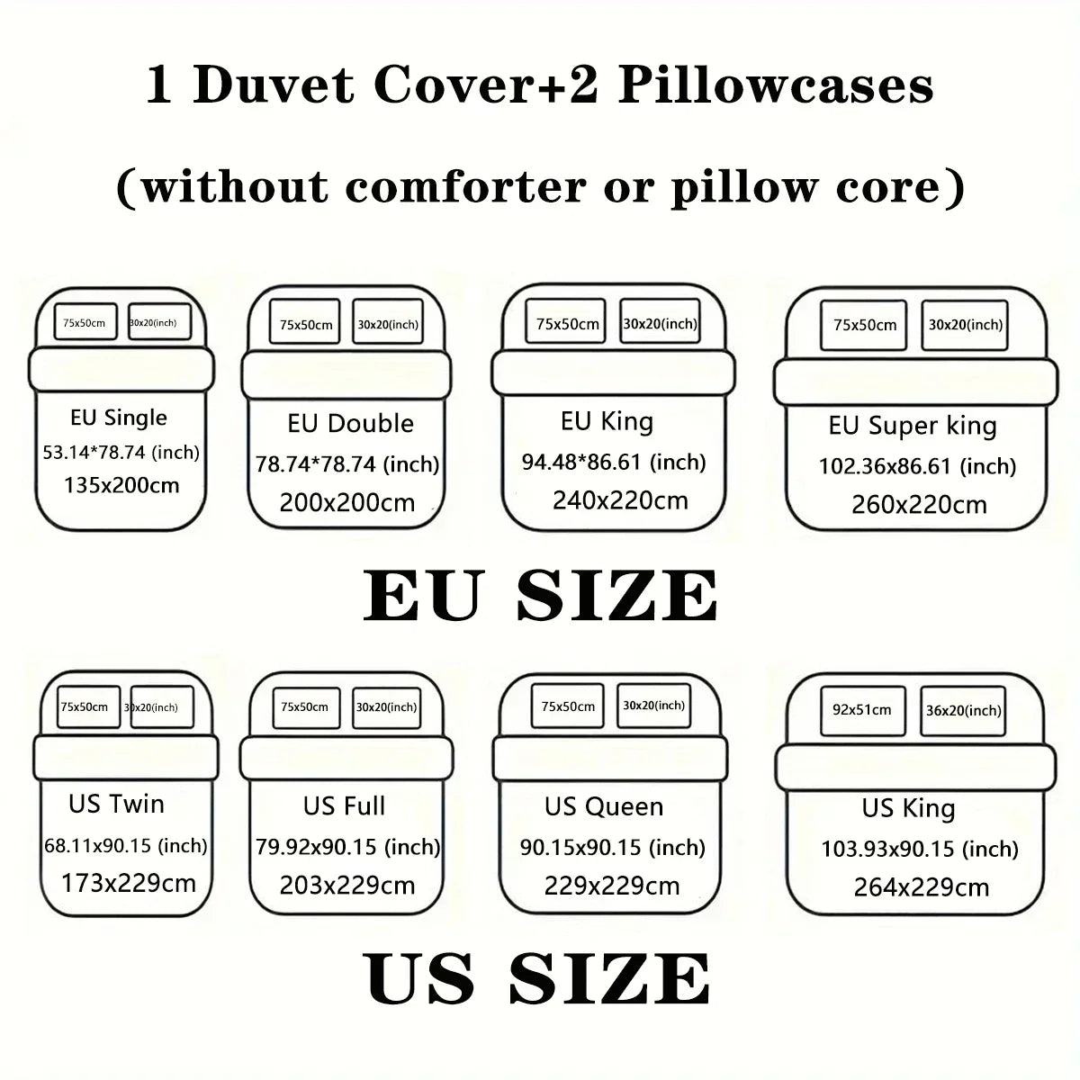 Three-piece set (1 duvet cover + 2 pillowcases, coreless), black and white couple king and queen element print bedding set