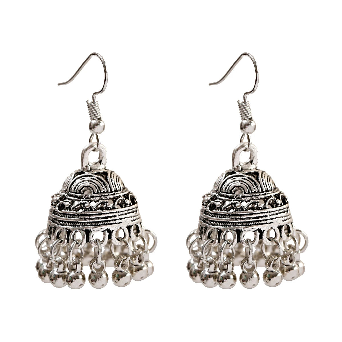 Indian Women's Silver Color Beads Tassel Jhumka Earrings