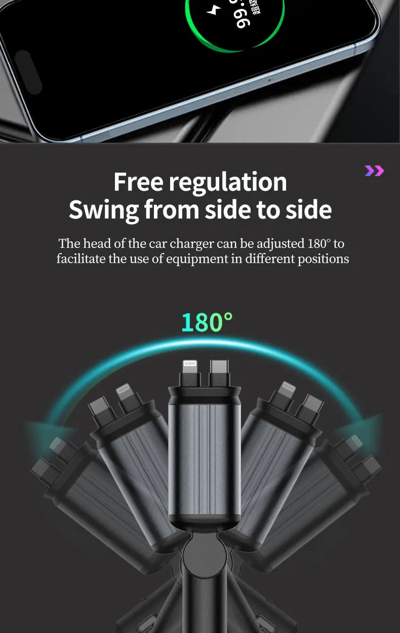 4-in-1 PD30W Car Fast Charger USB Type-C Power Adapter Retractable Phone Charger With Roof Starlight For IOS Android Phones