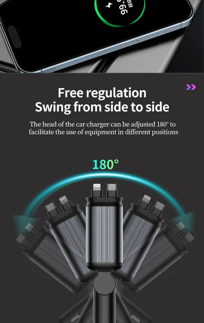 4-in-1 PD30W Car Fast Charger USB Type-C Power Adapter Retractable Phone Charger With Roof Starlight For IOS Android Phones