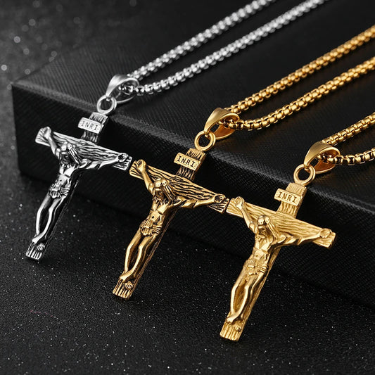 Religious Jesus Cross Stainless Steel Necklace For Men Fashion Gold Silver Color Cross Pendent With Chain Necklace