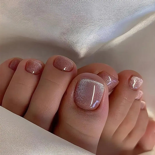 24pcs Fake Toenails French Full Cover Cat Eye Short Square Toe Nails Foot Nails Tips for Women Girl Sparkling Powder Fake Nails