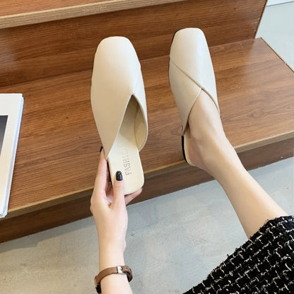 Summer Elegant Square Closed Toe Flat Slippers Female Shoes