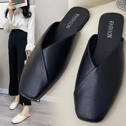 Summer Elegant Square Closed Toe Flat Slippers Female Shoes