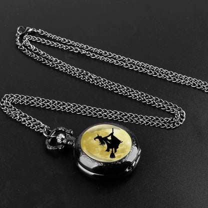 A Witch on A Broomstick Glass Dome Quartz Pocket Watch With Durable Chain Arabic Numeral Dial Halloween Gifts for Men Women Kids