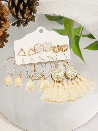 Trendy Versatile Golden Circle Fashionable White Tassel Shell Earrings&Earstuds Combination For Women