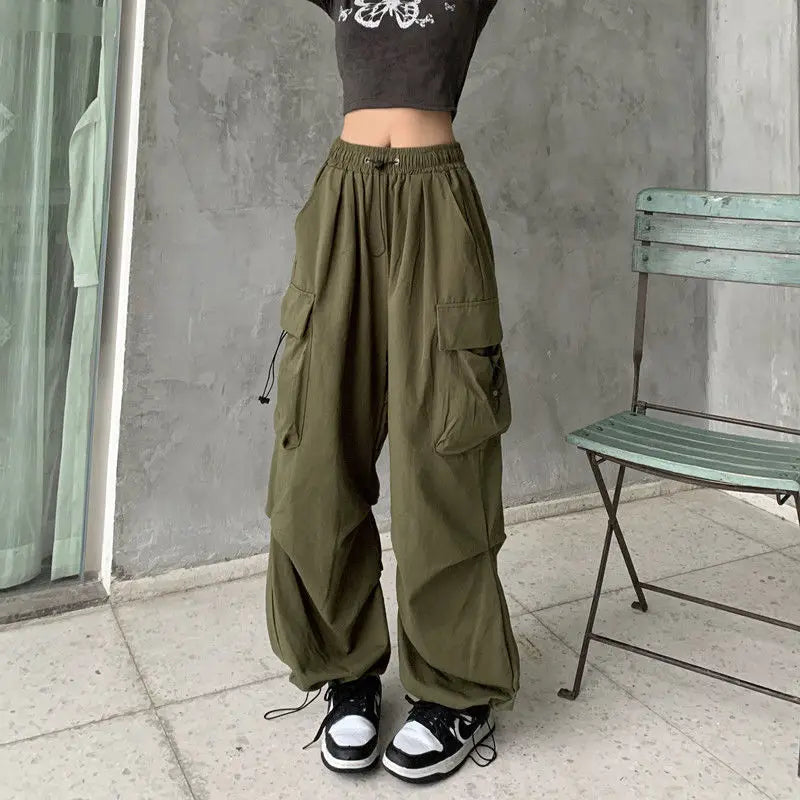 Wide-Leg Large Pockets Drawstring Work Pants High Street Casual Sports Pants