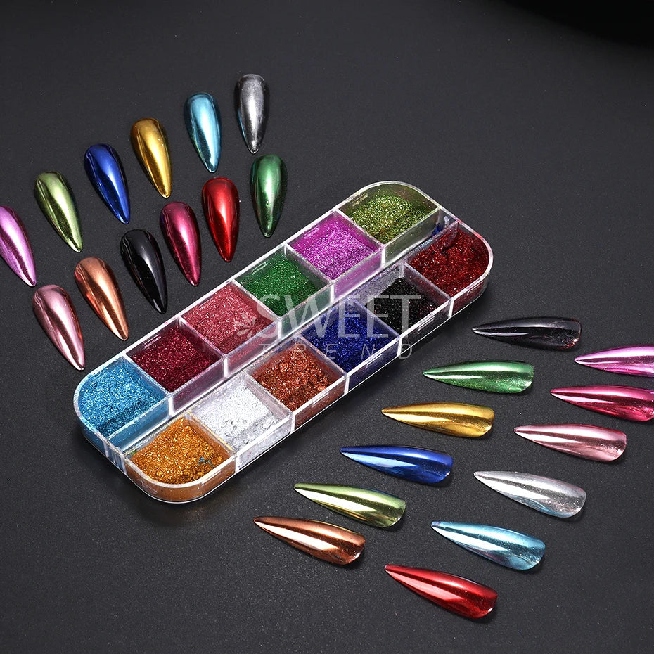 12Grids Mirror Chrome Nail Glitter Powders Metal Effect Silver Gold Pink Chrome Nail Pigment DIY Gel Polish Manicure Decoration