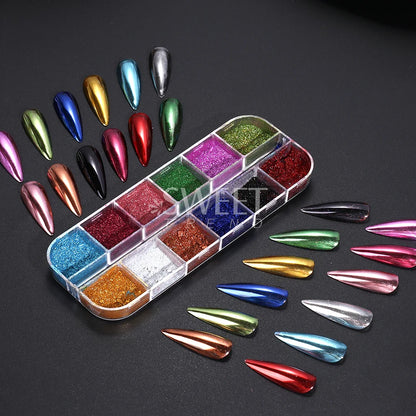 12Grids Mirror Chrome Nail Glitter Powders Metal Effect Silver Gold Pink Chrome Nail Pigment DIY Gel Polish Manicure Decoration