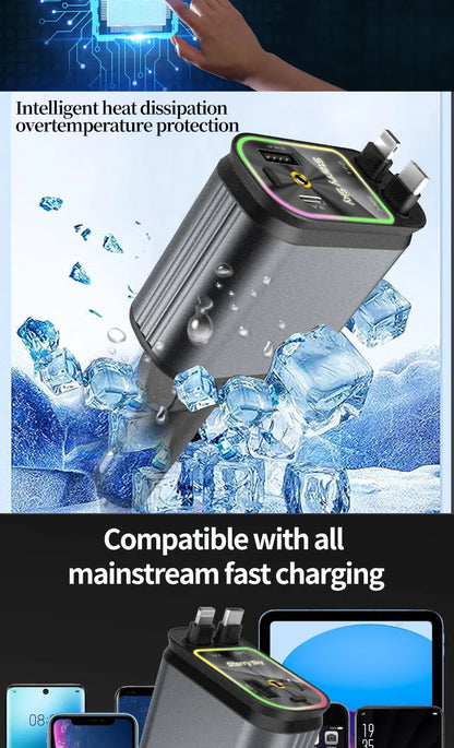 4-in-1 PD30W Car Fast Charger USB Type-C Power Adapter Retractable Phone Charger With Roof Starlight For IOS Android Phones