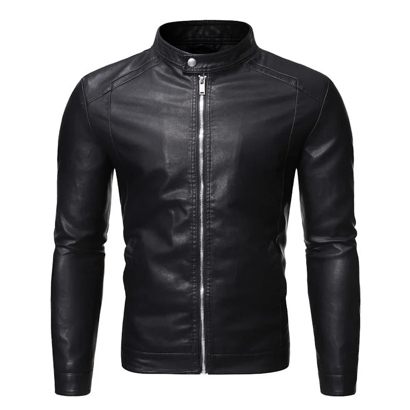 Men's standing collar leather jacket autumn