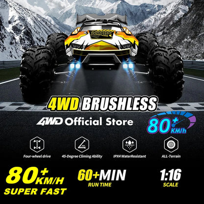 1:16 80km/h Brushless RC Drift Car With LED Lights 4WD Electric High Speed Racing Remote Control Monster Truck for Kids Adults