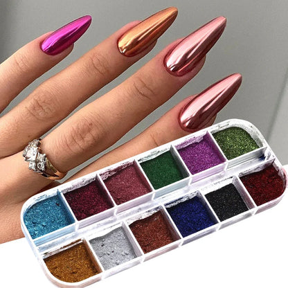 12Grids Mirror Chrome Nail Glitter Powders Metal Effect Silver Gold Pink Chrome Nail Pigment DIY Gel Polish Manicure Decoration