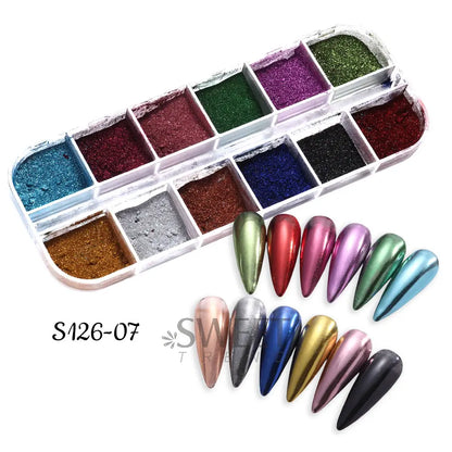 12Grids Mirror Chrome Nail Glitter Powders Metal Effect Silver Gold Pink Chrome Nail Pigment DIY Gel Polish Manicure Decoration