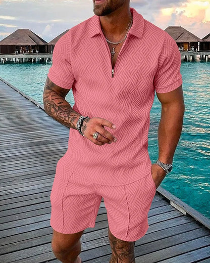 2022 New Summer Men's Shorts Set Short Sleeve Zip Polo Shirt Street