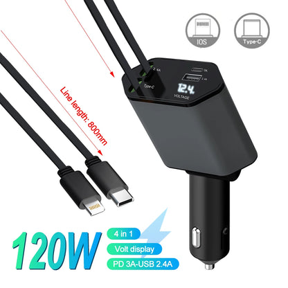 4-in-1 PD30W Car Fast Charger USB Type-C Power Adapter Retractable Phone Charger With Roof Starlight For IOS Android Phones