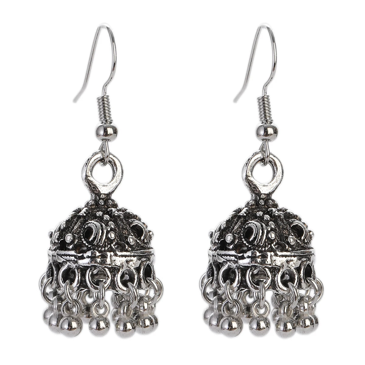 Indian Women's Silver Color Beads Tassel Jhumka Earrings