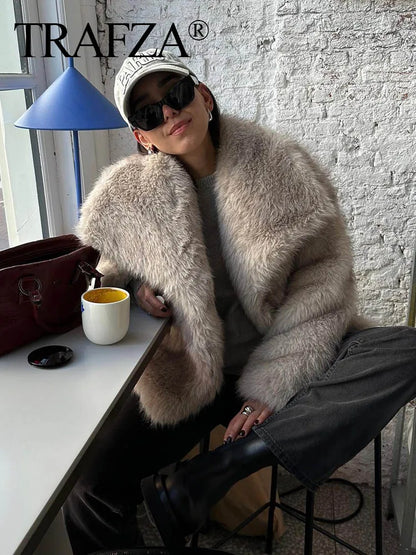 Women Fashion Cropped Faux Fur Jacket Coat Long Sleeve