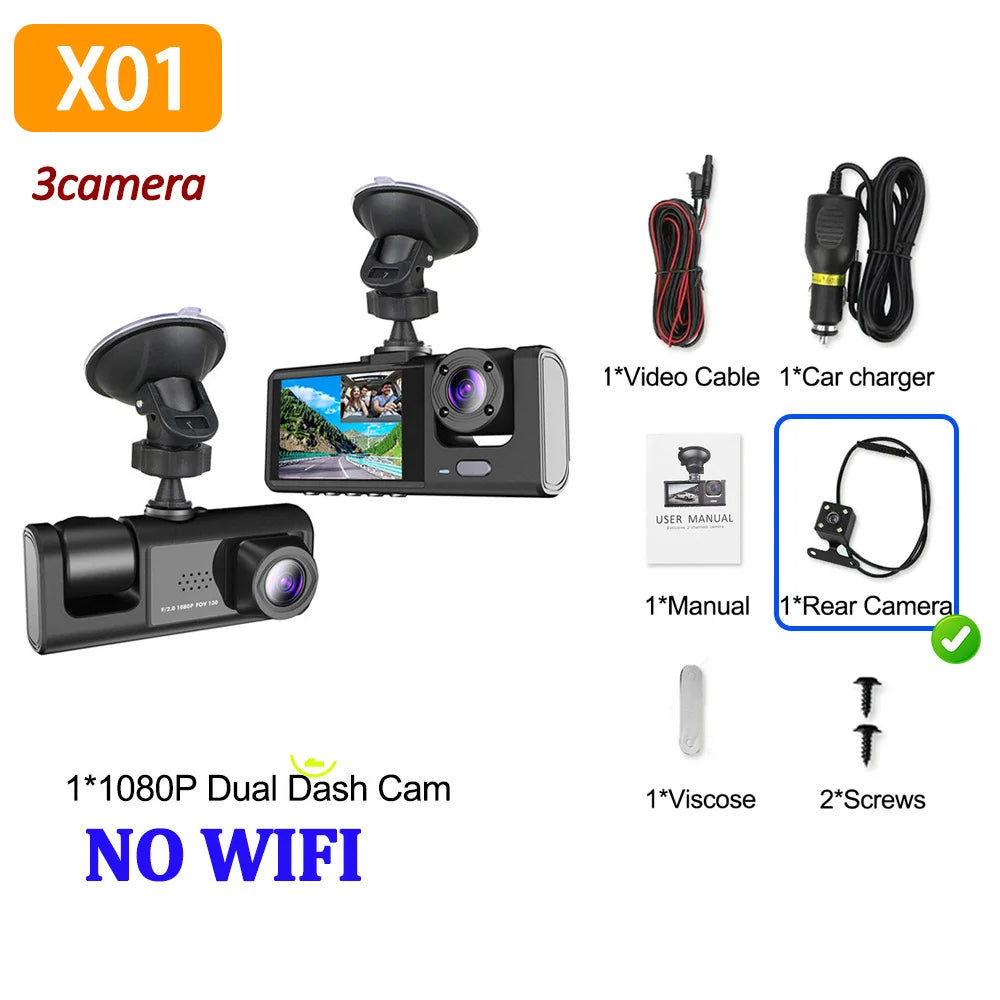 3Camera Dash Cam For Car Camera 1080P Video Recorder