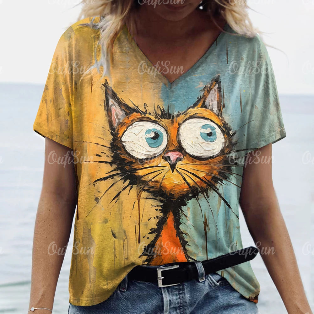 Summer Women's T Shirt Cat Print Casual Short Sleeve 3d T-Shirts