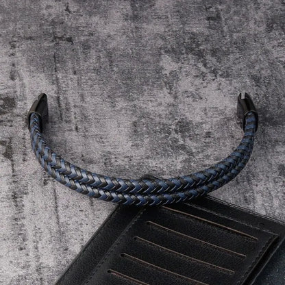 Men Black Blue Braided Genuine Leather Bracelet Double Band Bangle