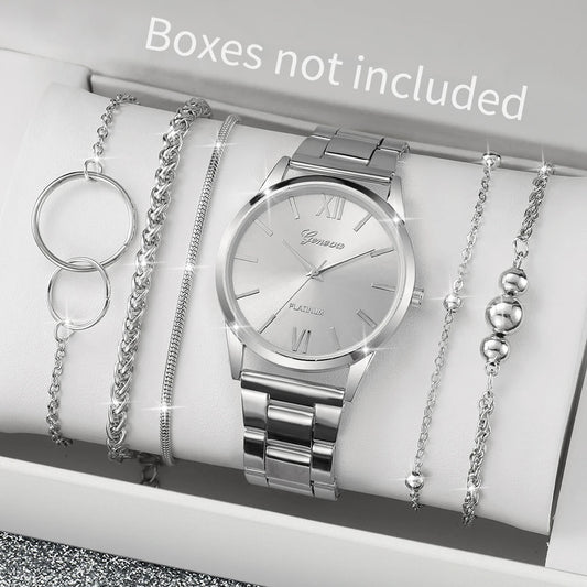 6PCS/Set Fashion Roma Dial Women Quartz Watch Silver Alloy Band Female Wrist Watches Bracelets Set（Without Box）
