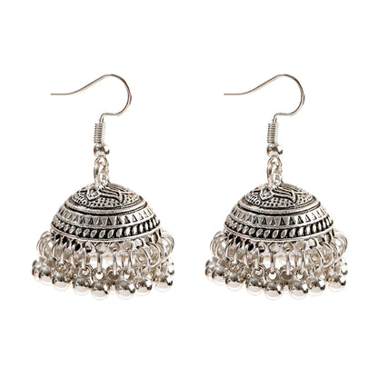 Indian Women's Silver Color Beads Tassel Jhumka Earrings