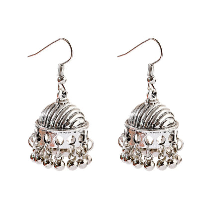 Indian Women's Silver Color Beads Tassel Jhumka Earrings