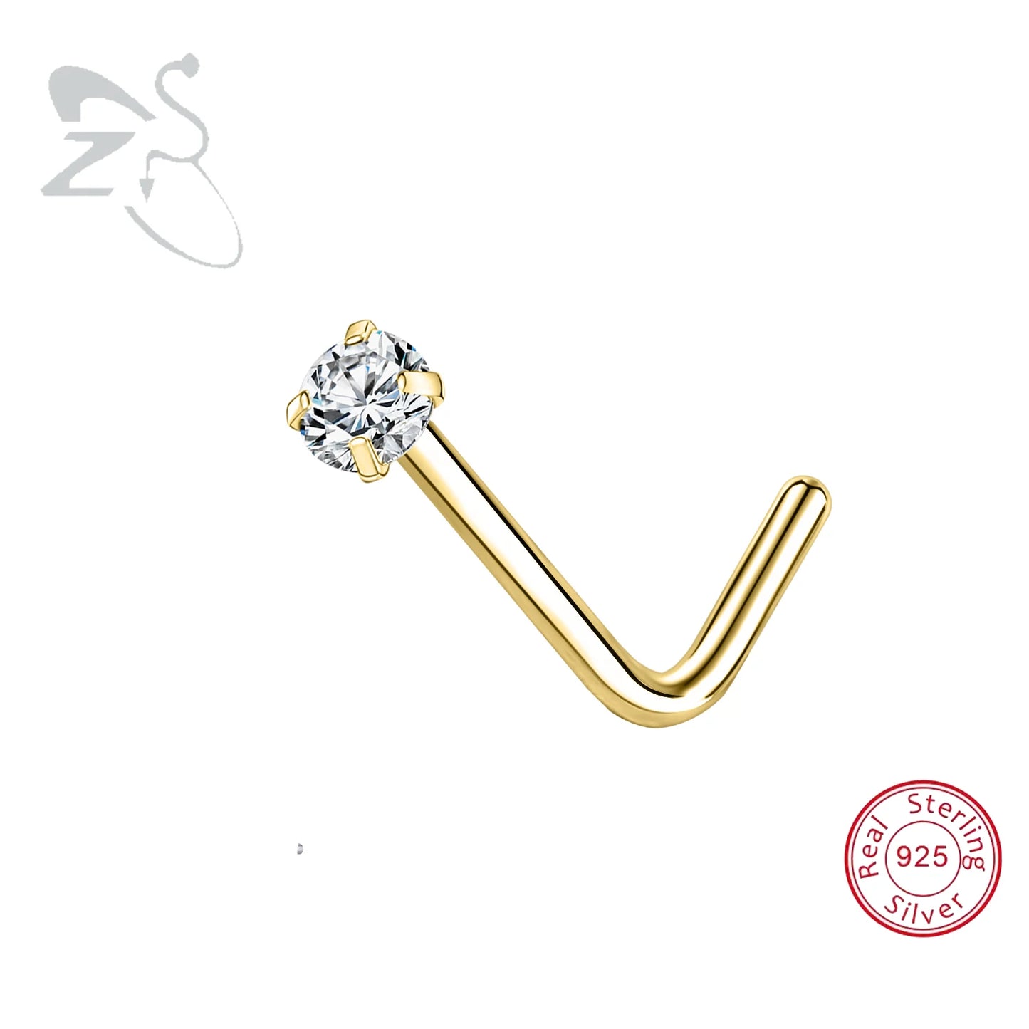 ZS 1PC 18/20G 925 Sterling Silver Nose Stud Gold Color Crystal Nose Piercings