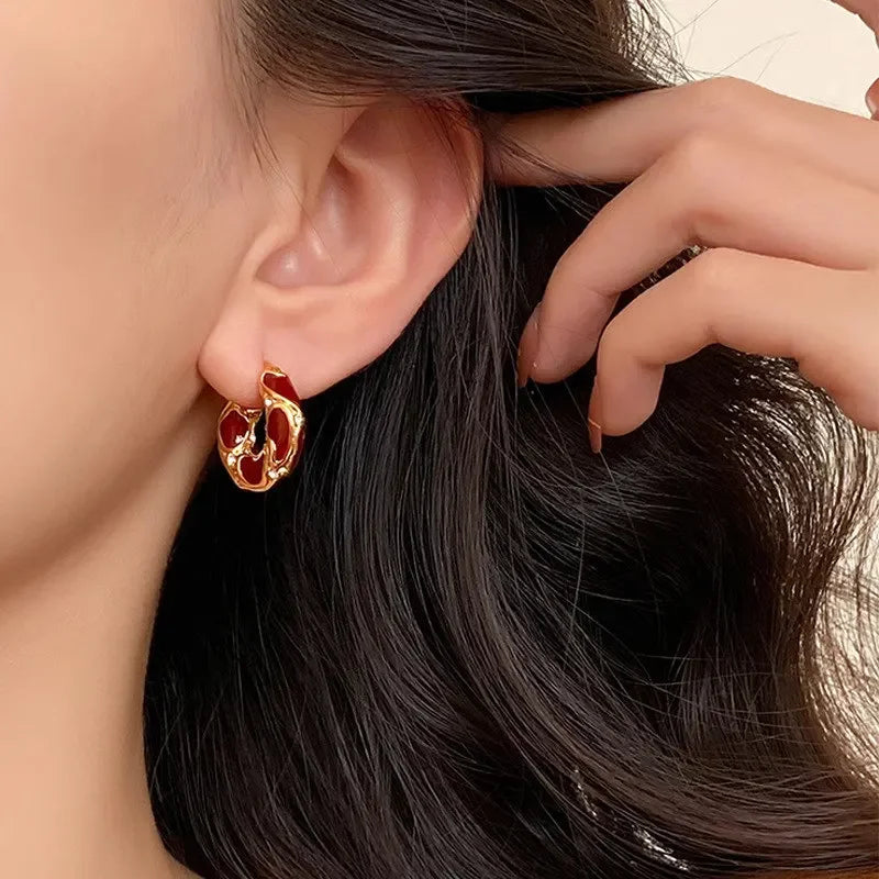 Enamel Color Metal Texture Small Hoop Earrings for Women