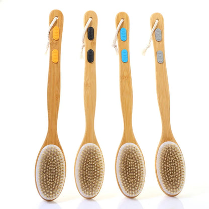 Shower brush with soft and hard bristles, double sided long handle, back scrub body exfoliator