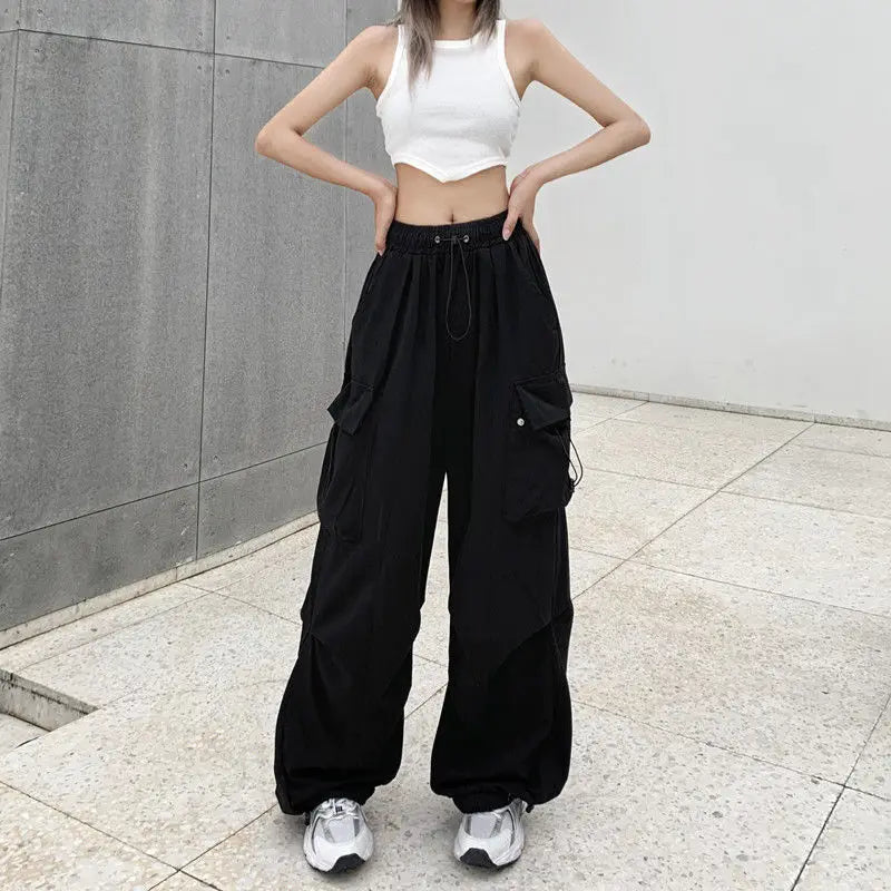 Wide-Leg Large Pockets Drawstring Work Pants High Street Casual Sports Pants