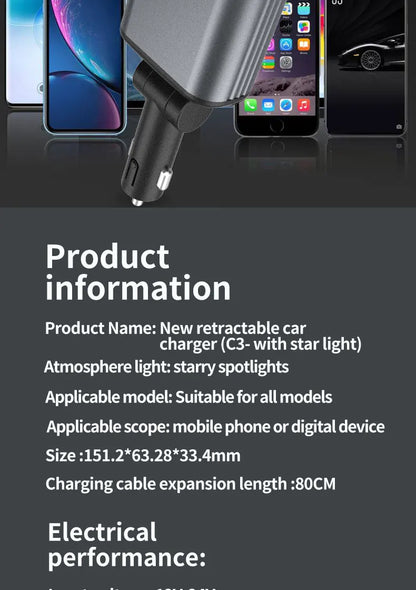 4-in-1 PD30W Car Fast Charger USB Type-C Power Adapter Retractable Phone Charger With Roof Starlight For IOS Android Phones