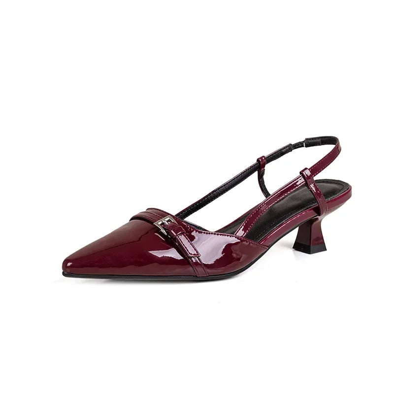 New Summer French Wine Red Pointed Patent Leather Mid-heel