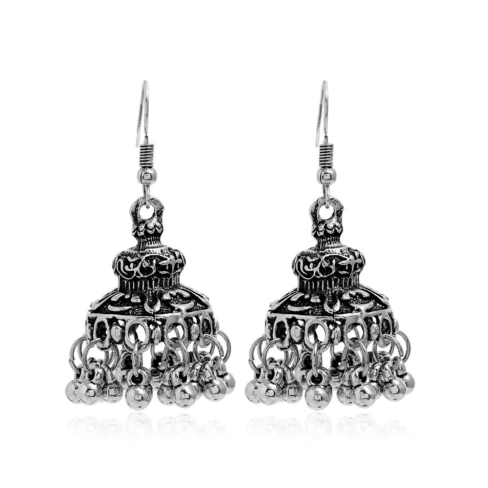 New Fashion Ethnic Style Alloy Retro Carved Beads Tassels Earrings Indian Jhumka