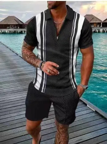 2022 New Summer Men's Shorts Set Short Sleeve Zip Polo Shirt Street