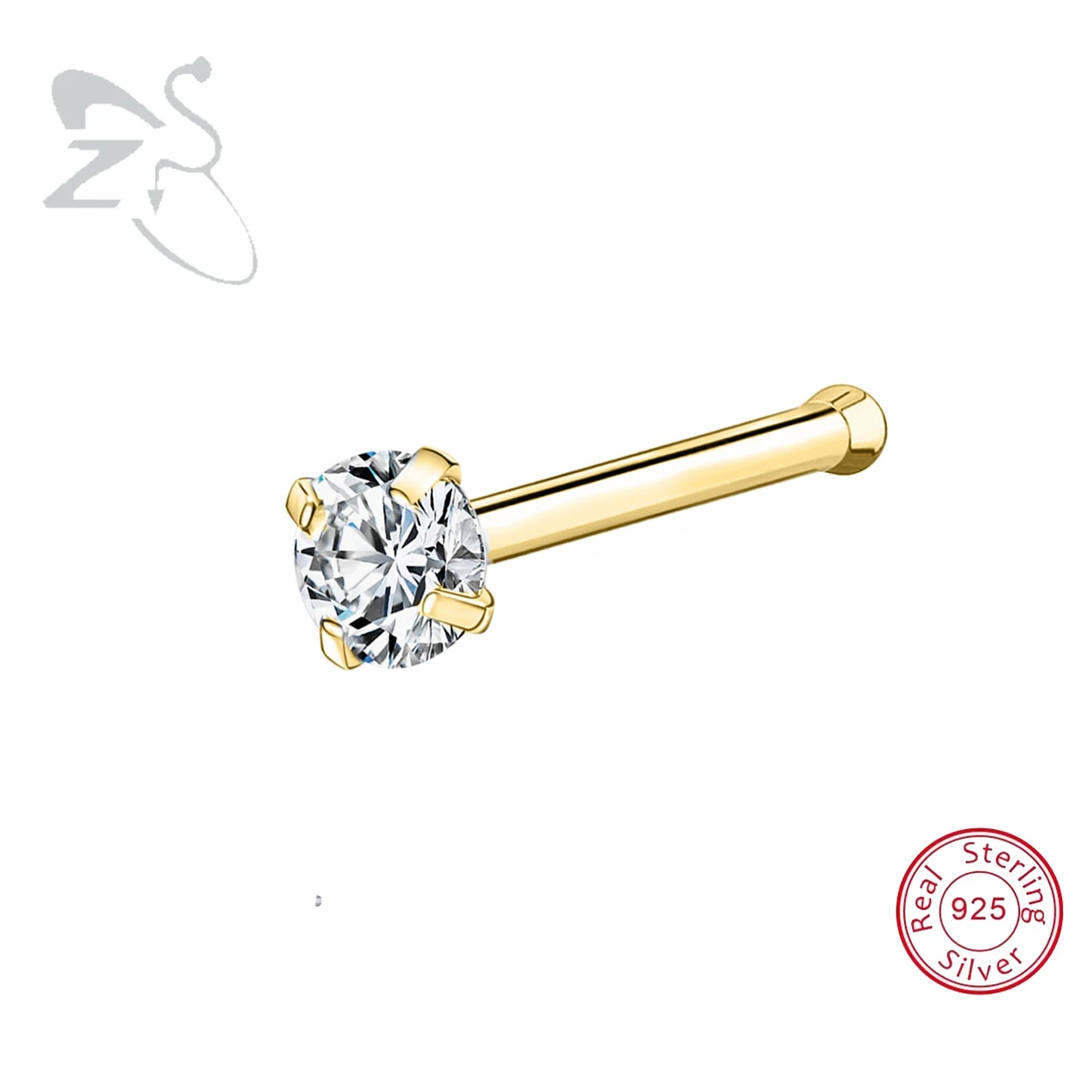 ZS 1PC 18/20G 925 Sterling Silver Nose Stud Gold Color Crystal Nose Piercings