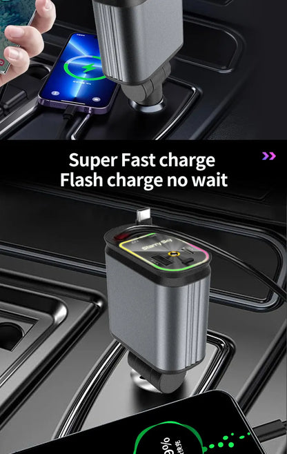 4-in-1 PD30W Car Fast Charger USB Type-C Power Adapter Retractable Phone Charger With Roof Starlight For IOS Android Phones