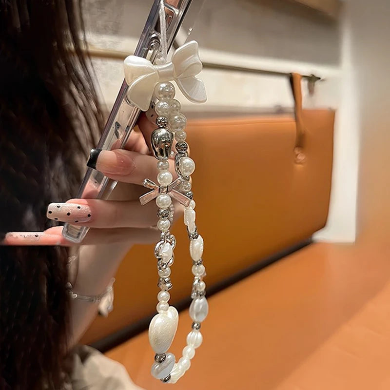 Korean Cute Baroque White Bow Flower Beaded Phone Chain Charm Lanyard For iPhone Samsung Universal Accessories Jewelry Pendant