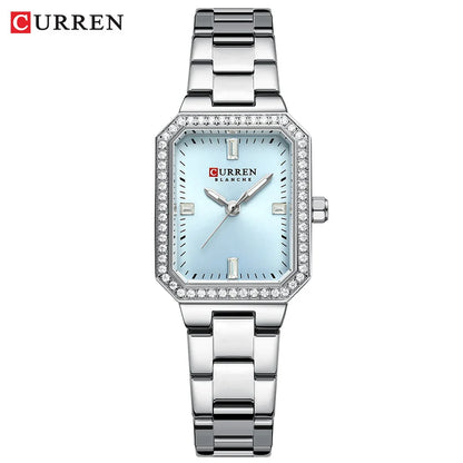 CURREN Luxury Brand Watches for Women Simple Rectangular Dial with Sparkling Rhinestones Casual Quartz Wristwatch with Luminous