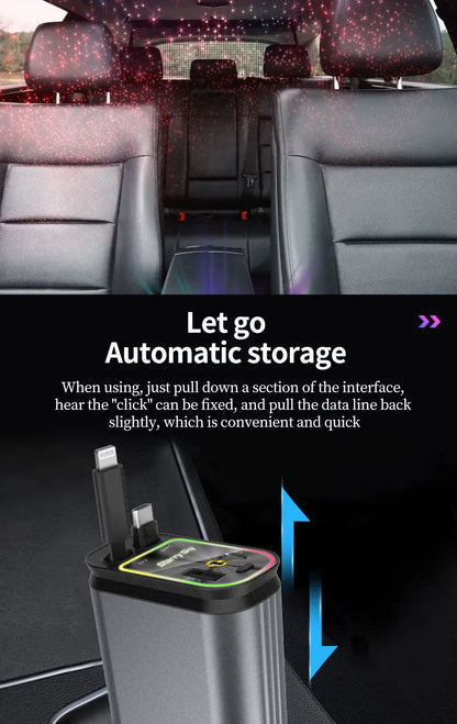 4-in-1 PD30W Car Fast Charger USB Type-C Power Adapter Retractable Phone Charger With Roof Starlight For IOS Android Phones