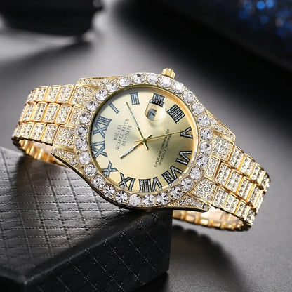 Hot Sale Diamond Bling Watch Men Gold Color Luxury Gift Quartz Watches Male Clock Dropshipping  Rhinestone Calendar Wristwatch