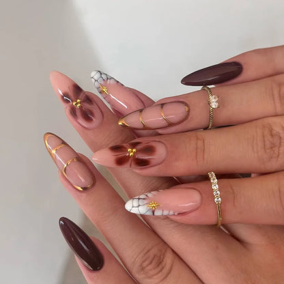24pcs White Flower Fake Nail Tips Ins Yellow Pink Blush False Nails Wearable Full Cover European Almond Shaped Press on Nails