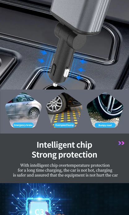 4-in-1 PD30W Car Fast Charger USB Type-C Power Adapter Retractable Phone Charger With Roof Starlight For IOS Android Phones