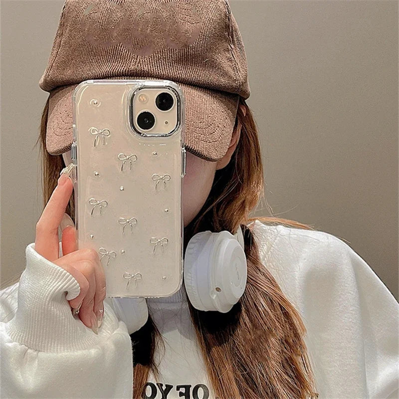 INS Japan Korea Silver Bowknot Phone Case For iPhone 15 16 14 13 12 11 Pro Max X XS XR 7 8 Plus Girl Epoxy Clear Glitter Cover