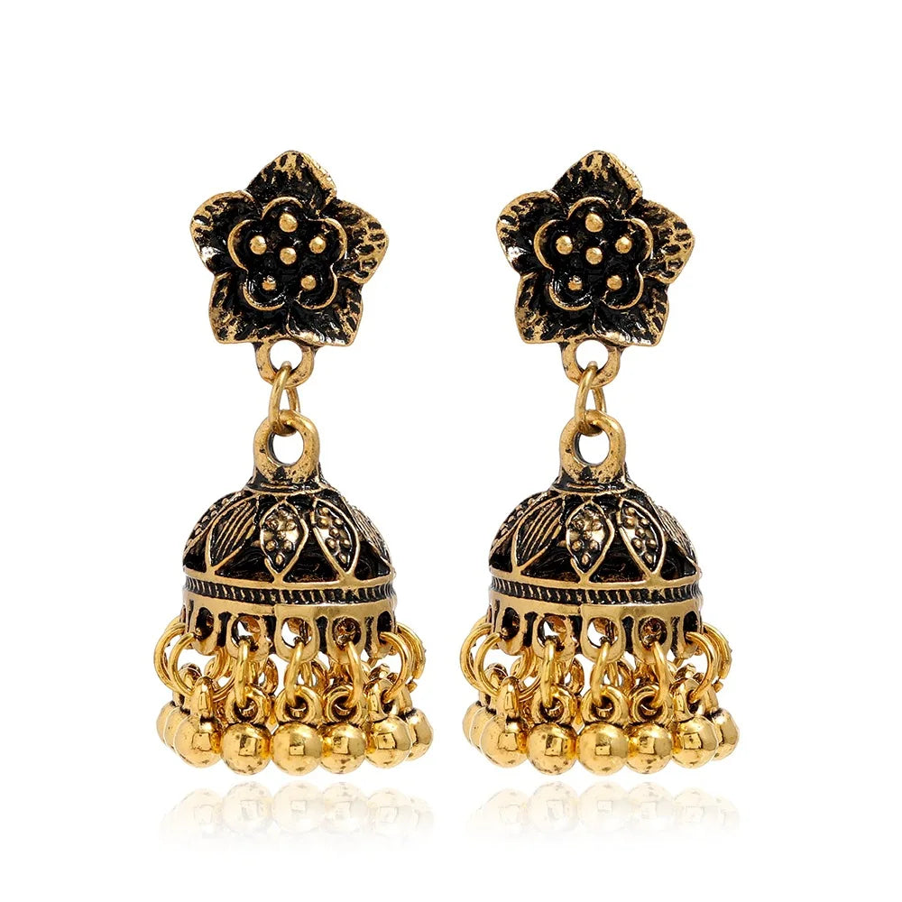 New Fashion Ethnic Style Alloy Retro Carved Beads Tassels Earrings Indian Jhumka